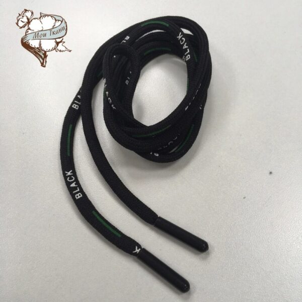 шнурок круглый п/э черный Блэк зеленая полоса, наконечник черный